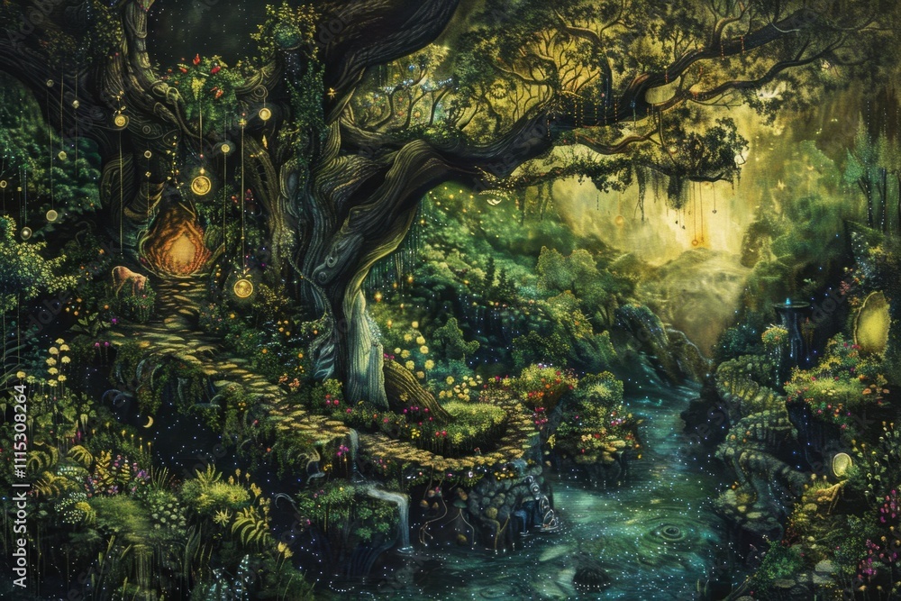 Fototapeta premium Majestic forest illuminated by soft sunlight with vibrant butterflies fluttering amidst lush greenery during early morning