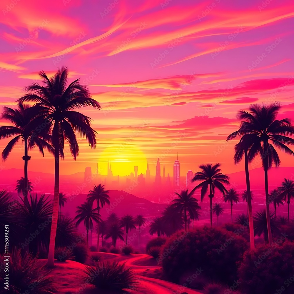 Obraz premium Vibrant 80s synthwave landscape at sunset, with neon-lit palm trees and a futuristic cityscape