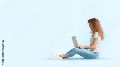 35 year old woman, sitting on the floor, using MacBook, silver laptop on transparency background PNG