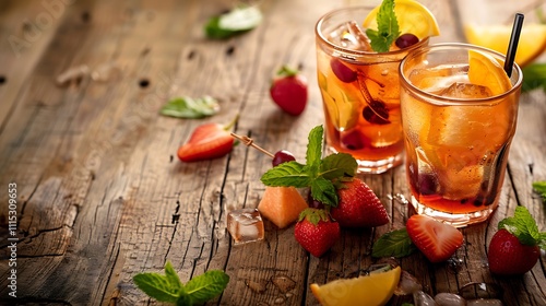 Summertime fruit cocktails on a wooden table