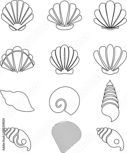 Seashells beach icon set mollusk shells customizable thin line contour symbols. Various sea shells black collection isolated on transparent background. Perfect for invitations greeting cards.