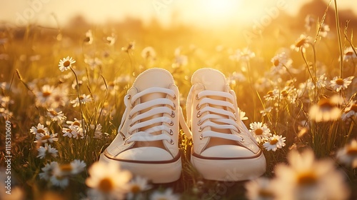 Cream canvas sneakers in a daisy field at sunset.