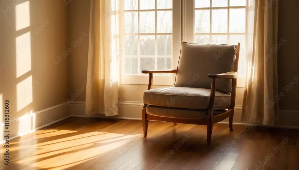 Fototapeta premium Soft, golden window light streaming through an open window, casting gentle shadows on the hardwood floor. The sunlight highlights a cozy chair near the window