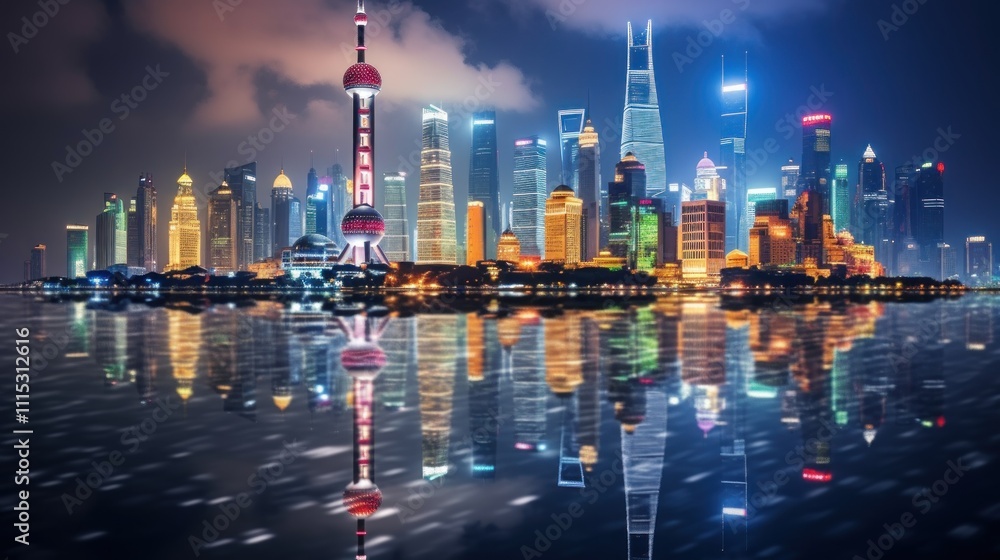 Obraz premium Shanghai Skyline at Night with Reflections