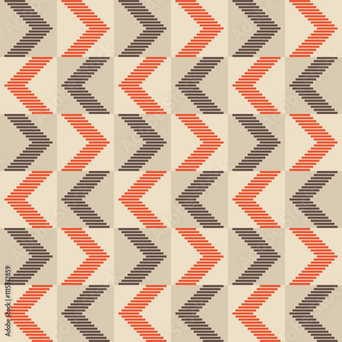 Vector color seamless pattern with striped arrows. Geometric vector seamless tiled pattern with orange and brown striped arrows. Regular repeating background. Color vector background.