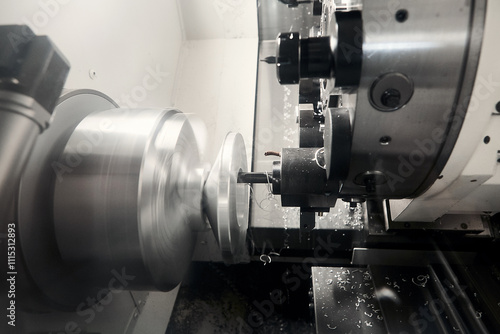 Cutting groove of turning and milling machine on a metal shaft. High-tech manufacturing process of parts on a CNC lathe. Industrial modern technologies.