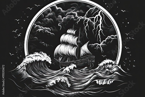 A ship in a storm waves crashing lightning in the sky circular design vector black and white simple photo