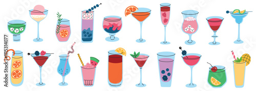 Collection of colorful mocktails and cocktails in various glasses with decorative garnishes, flat cartoon vector illustration. Non alcoholic drinks, summer parties, fresh berries and fruit beverages