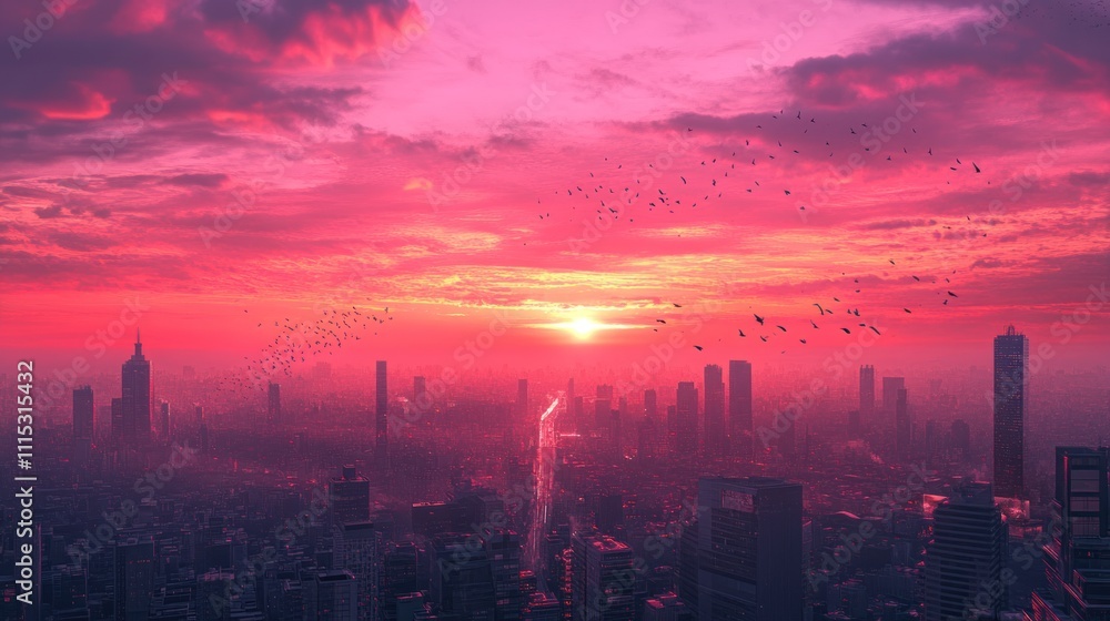 Fototapeta premium Crimson Cityscape: A Stunning Sunset Over the Urban Horizon