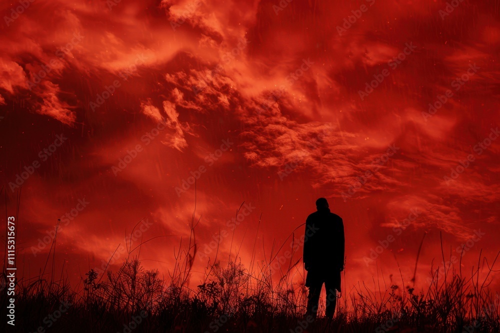 Fototapeta premium A solitary figure standing against a vivid red sky filled with dramatic clouds during twilight hours, conveying a sense of mystery and introspection in a natural landscape