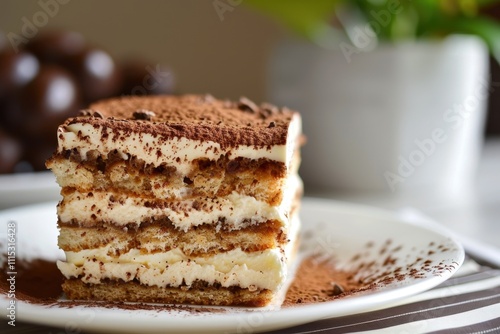 Delicious slice of creamy tiramisu dessert on a plate with cocoa powder and chocolate shavings, perfect for indulgence in a cozy cafe setting