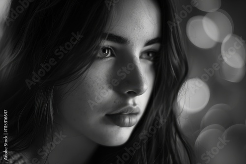 A young woman with long hair gazes thoughtfully into the distance, captured in a black and white setting with soft, blurred lights in the background during the evening hours