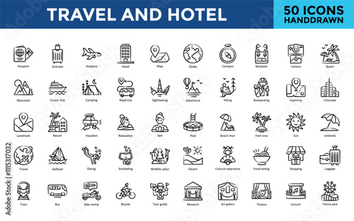 Travel and Hotel icon set with passport, suitcase, airplane, hotel, map, globe, compass, backpack, camera, beach icon. Simple handdrawn vector 
