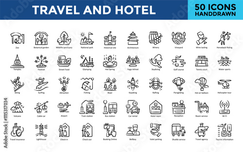Travel and Hotel icon set with zoo, botanical garden, wildlife sanctuary, national park, historical site, architecture, winery, vineyard, wine tasting, horseback riding icon. Simple handdrawn vector 
