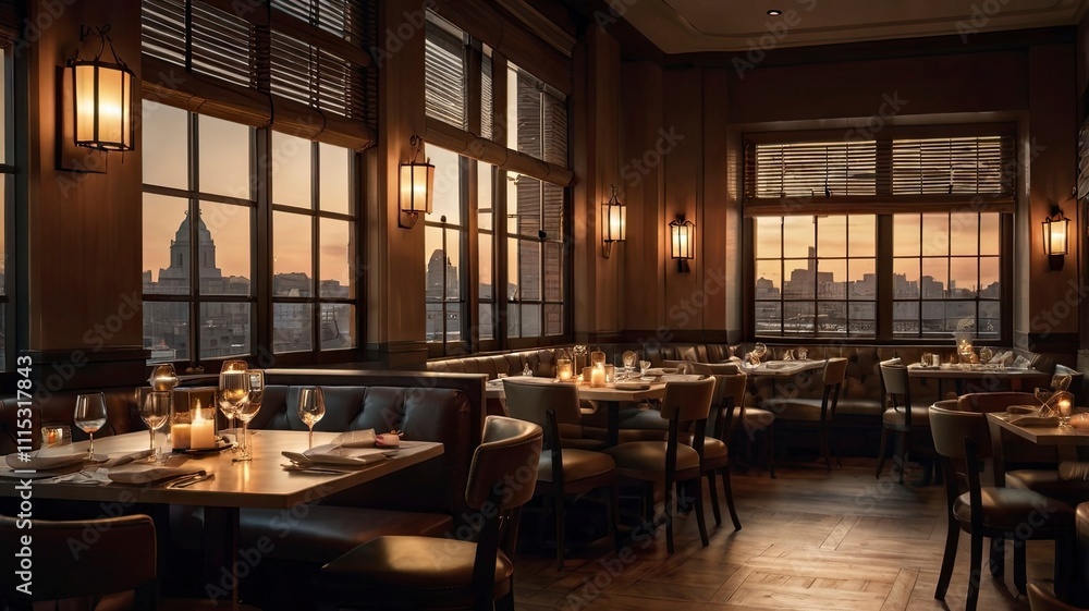 Fototapeta premium dining room in a restaurant with a night atmosphere, a restaurant with candle interior on each table, and a cinematic urban view, generative ai