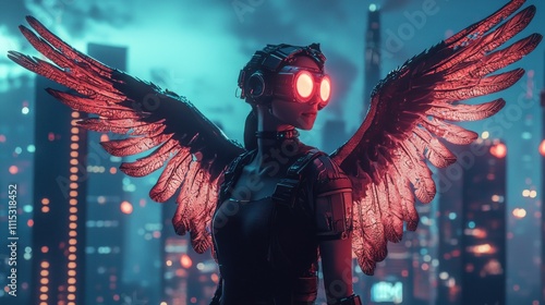 Cyberpunk Angel: Glowing Wings Over Neon Cityscape photo