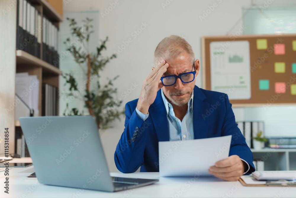 stressed businessman in blue suit reviews documents at his desk in modern office stressed businessman in blue suit reviews documents at his desk in modern office