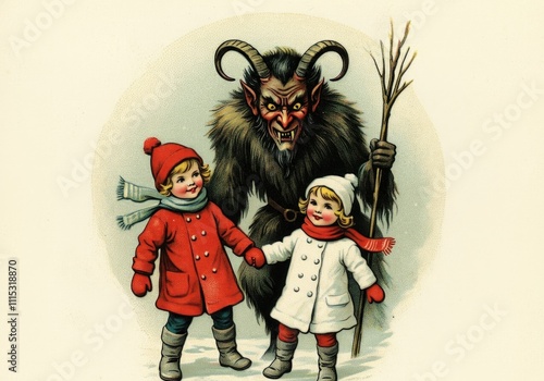 Vintage Krampus Illustration with Joyful Children in Winter Apparel