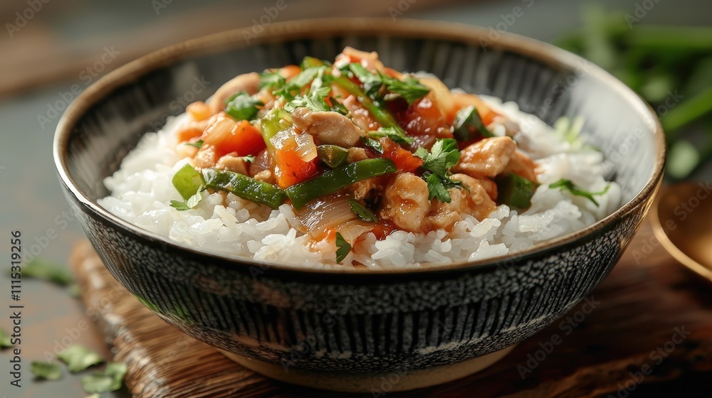 Delicious Chicken Stir-Fry with Vegetables Over Steamed Rice Delicious Chicken Stir-Fry with Vegetables Over Steamed Rice