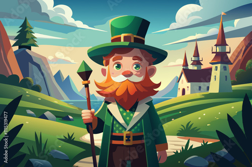 Cartoon-style leprechaun with a cheerful expression and a scenic Irish countryside in the background, symbolizing Irish folklore and St. Patrick's Day.