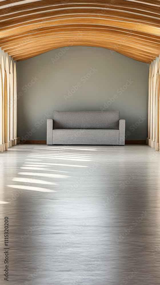 Fototapeta premium Spacious interior with modern couch under wooden arched ceiling and natural light
