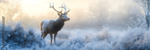 A sika deer/elk/deer/moose walking in a winter forest, looking towards the camera. winter, forest, nature, white, commercial, poster, background, wallpaper, basemap photo