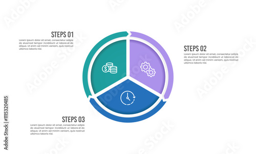 The circle infographic is divided into 3 parts. Process to success. Presentation, Strategy and Plan. Vector illustration.