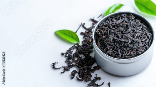 Organic tea leaves in a tin, vibrant loose leaves scattered around, inviting aroma and rich textures, nature's essence captured in a serene display photo