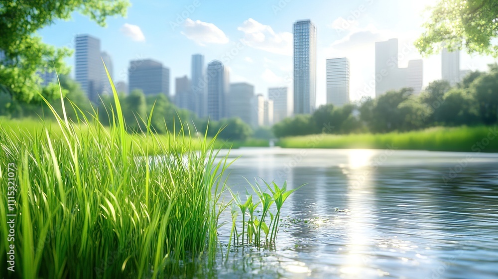 Fototapeta premium Marshlands are vital ecosystems supporting wildlife, plants, and climate balance, requiring restoration to protect nature. Urban Nature Scene with Green Grass and City Skyline
