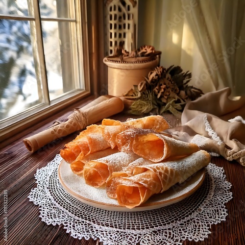 Norwegian Krumkake Delicate Holiday Cookies photo