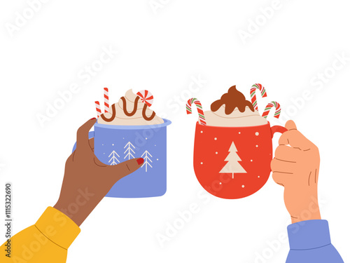 Female hands holding mugs of hot sweet drinks on white background with copy space for text. Vector illustration for cozy themed designs, winter promotions and holiday greetings