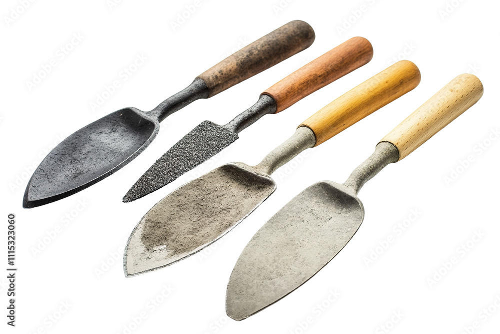 Fototapeta premium A row of old-fashioned garden tools are lined up on a white background. on transparent background. 