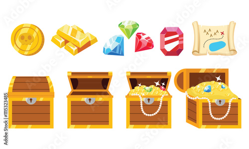 Treasure chest, gems, and gold cartoon illustration