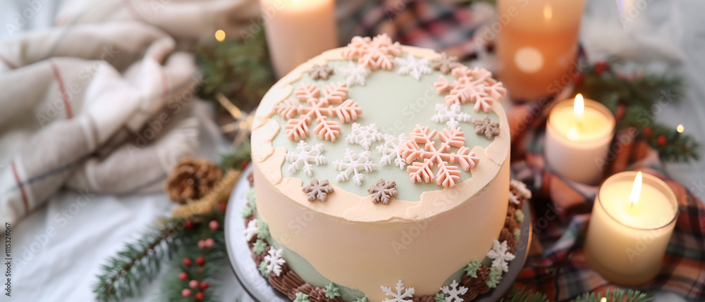 Fototapeta premium A high-angle photo of a bohemian round cake with a soft, pastel-colored Christmas hygge design on top.
