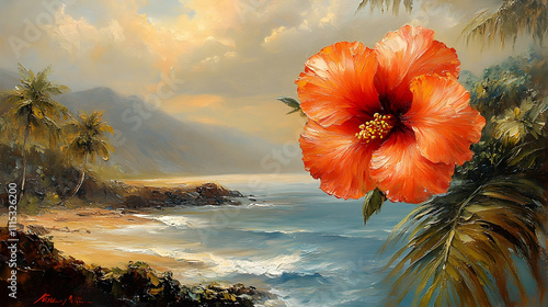Vibrant hibiscus flower in a tropical beach landscape painting.