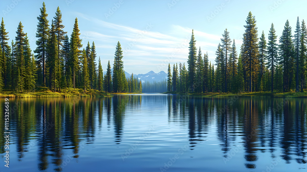 Fototapeta premium 3D Serene Lake View Calm Water Trees Clear Sky Plain Blue Background Copy Space