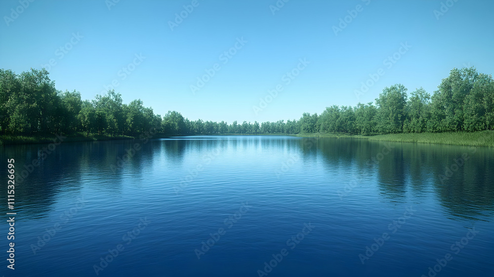 Fototapeta premium 3D Serene Lake View Calm Water Trees Clear Sky Plain Background Copy Space