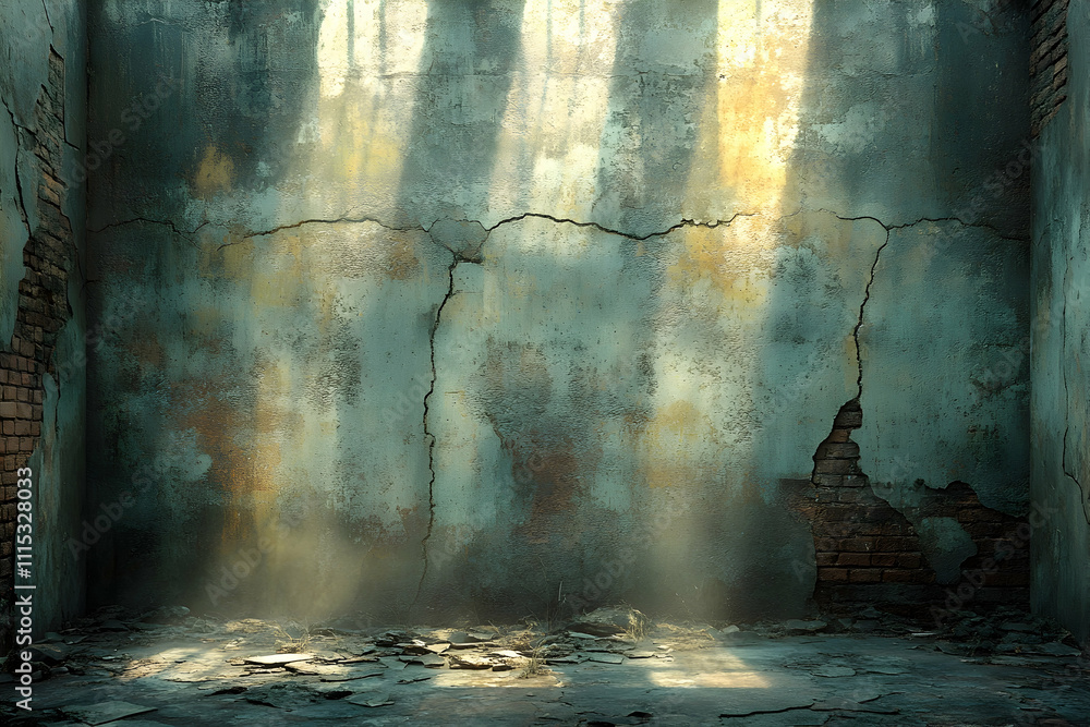 Fototapeta premium Sunbeams illuminate a dilapidated room with cracked walls and a broken floor.