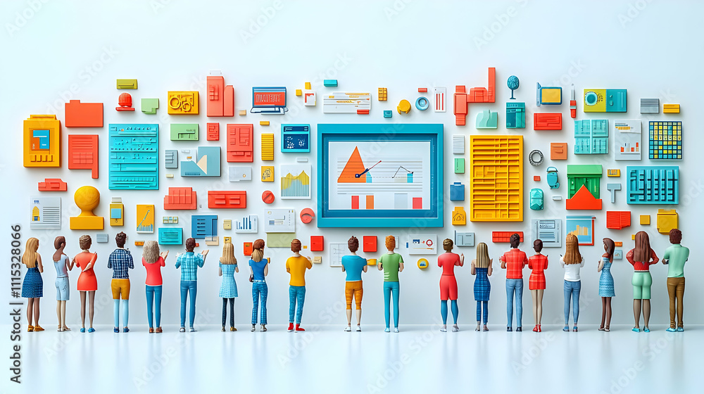 Fototapeta premium 3D Team Strategy Discussion Digital Screen Glossy White Background Copy Space