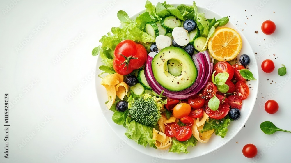 A vibrant salad featuring fresh vegetables and fruits, promoting healthy eating. A vibrant salad featuring fresh vegetables and fruits, promoting healthy eating.