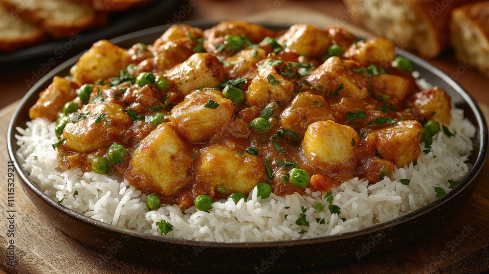 Spiced potato curry with peas served over steamed rice Spiced potato curry with peas served over steamed rice