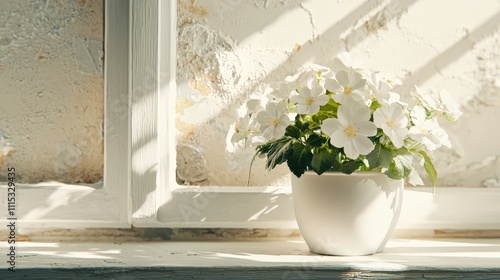 Wallpaper Mural Delicate White Flowers in Pot by Sunlit Window with Soft Shadows Torontodigital.ca