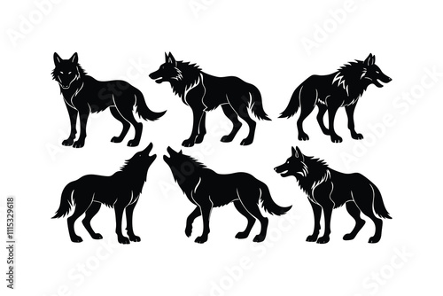 Detailed black silhouette set of a wolf, symbolizing strength, wilderness, and freedom. Perfect for wildlife-themed designs and projects. photo