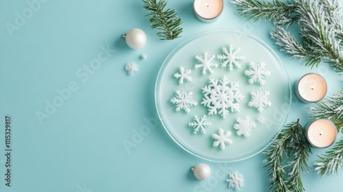 -Printed Snowflake Appetizers on Frosted Platter with Holiday Greenery and Candles for Christmas, New Year, Easter