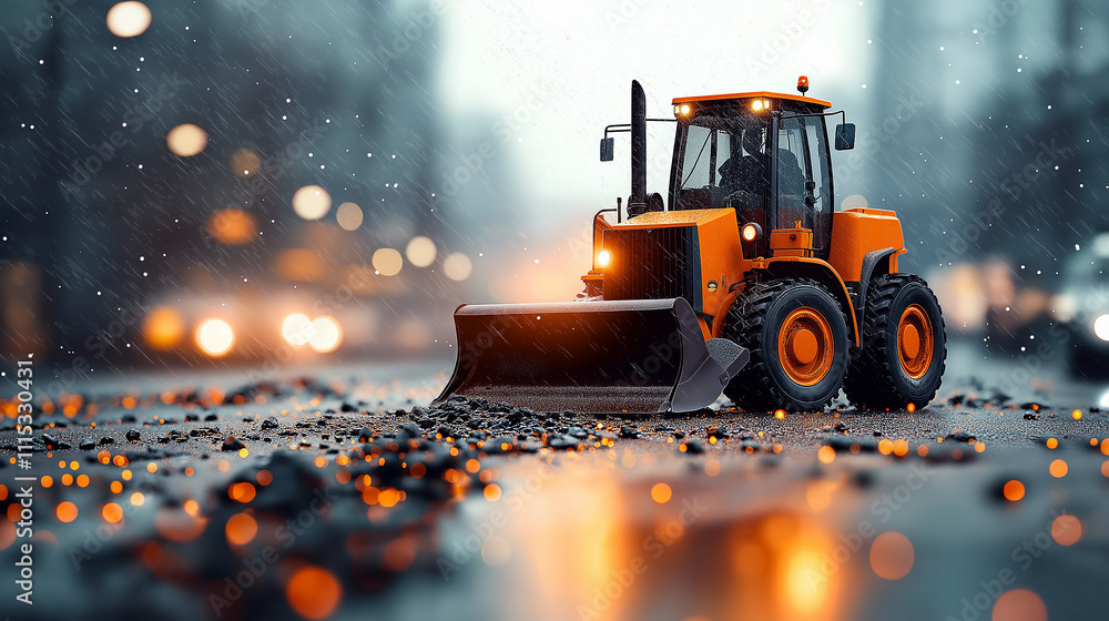 powerful orange bulldozer clearing debris on rainy city street, illuminated by soft lights. scene captures essence of urban construction and resilience powerful orange bulldozer clearing debris on rainy city street, illuminated by soft lights. scene captures essence of urban construction and resilience