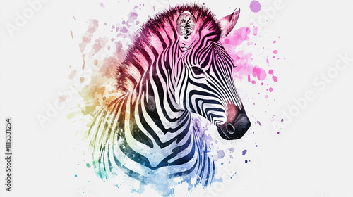 Colorful watercolor portrait of a zebra with vibrant splashes in the background