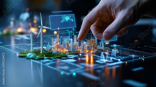 Fototapeta Naklejka Na Ścianę i Meble -  futuristic city model with hand interacting, showcasing sustainable technology, smart buildings, and renewable energy sources like wind turbines
