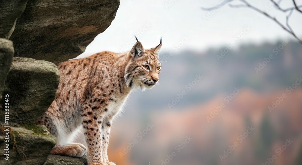 Fototapeta premium Majestic lynx in autumn forest landscape