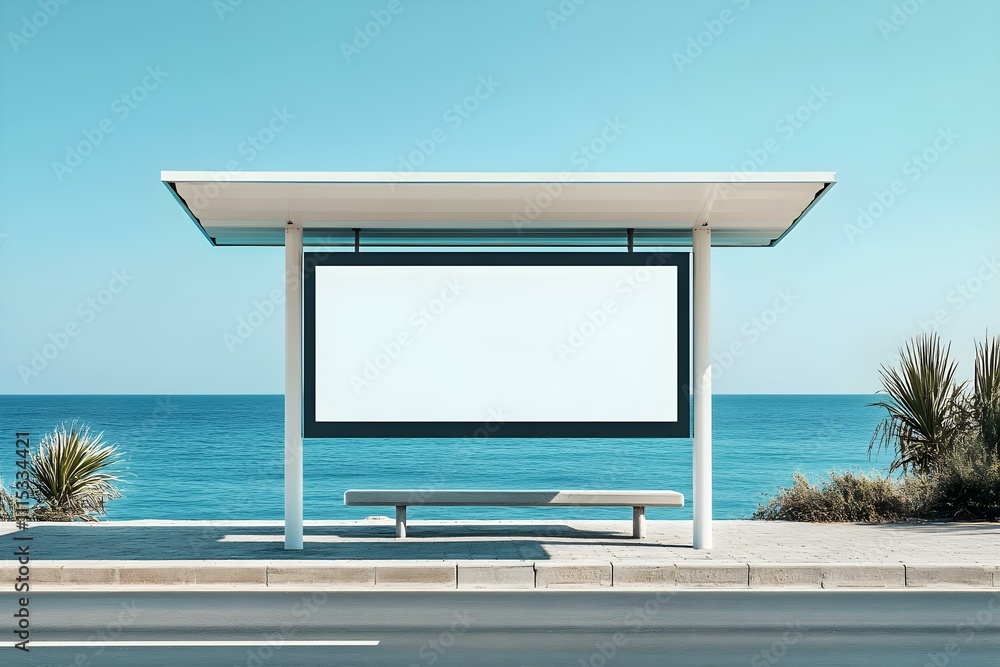 Fototapeta premium Coastal Bus Stop Billboard Mockup at Daytime