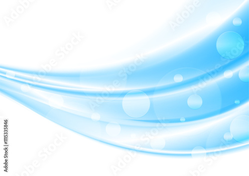 Bright blue smooth wavy abstract background with shiny light circles. Vector design